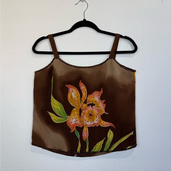 Vintage Midnight Velvet Beaded Floral Satin Camisole Top Brown Y2K Fairycore S - Picture 2 of 10